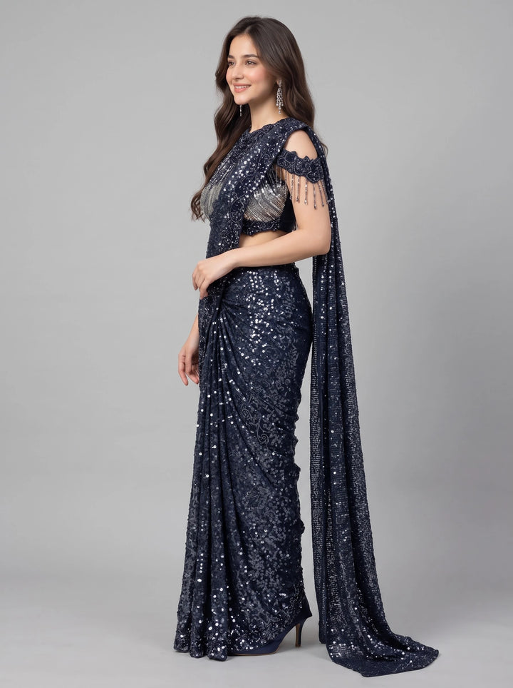 Midnight Navy Blue Sequin Designer Saree - View 3