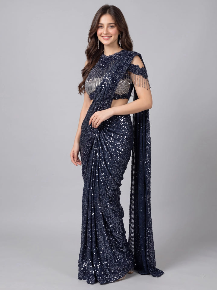 Midnight Navy Blue Sequin Designer Saree - View 4