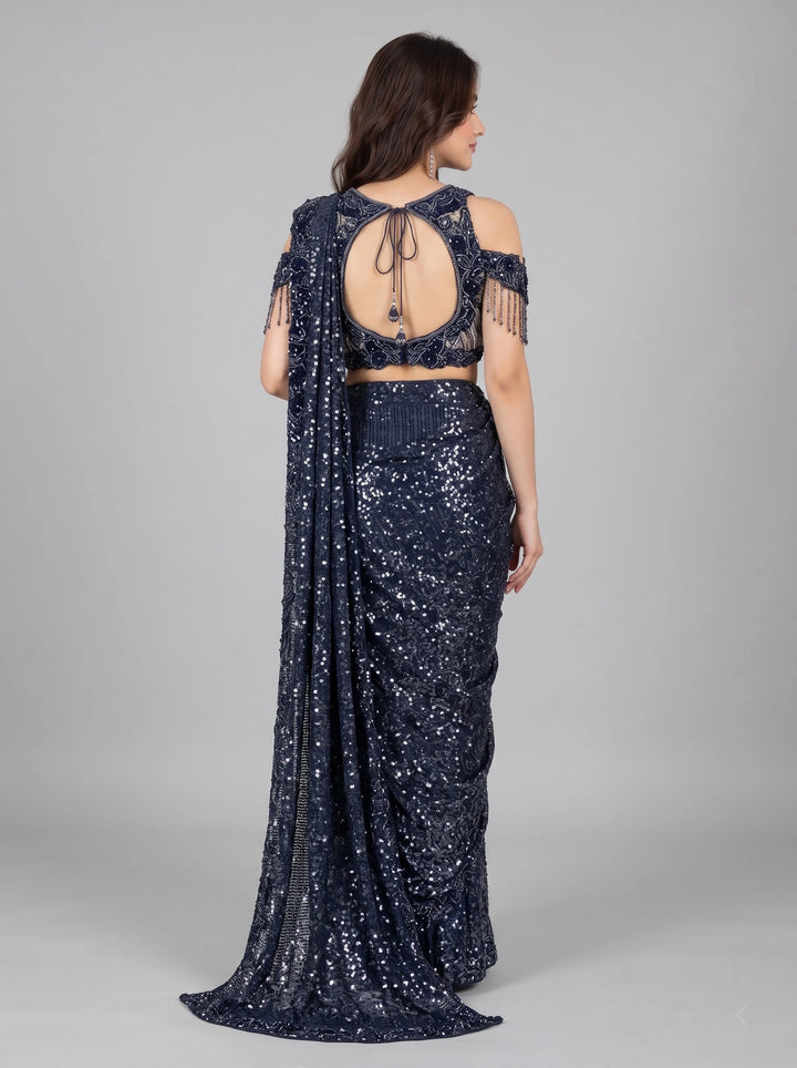 Midnight Navy Blue Sequin Designer Saree - Back