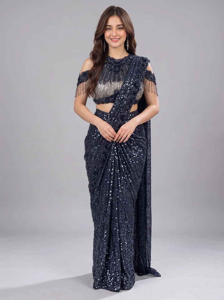 Midnight Navy Blue Sequin Designer Saree - Front