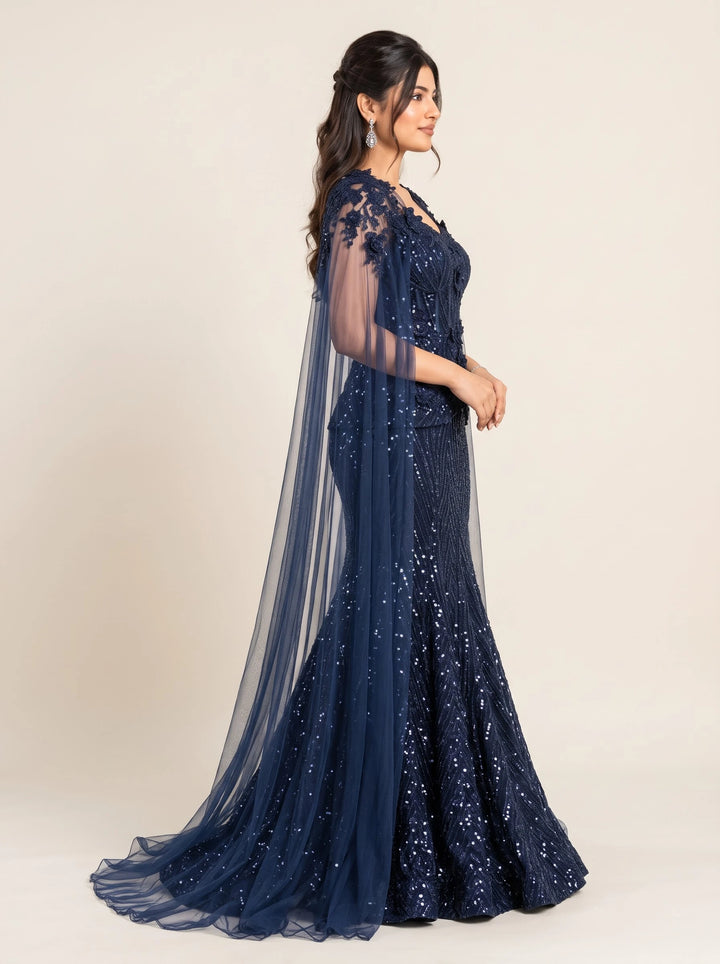 Midnight Navy Blue Sequin Embellished Mermaid Gown with Sheer Cape - View 3