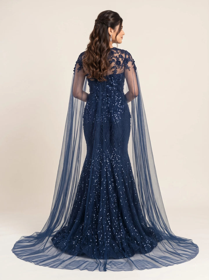 Midnight Navy Blue Sequin Embellished Mermaid Gown with Sheer Cape - Back