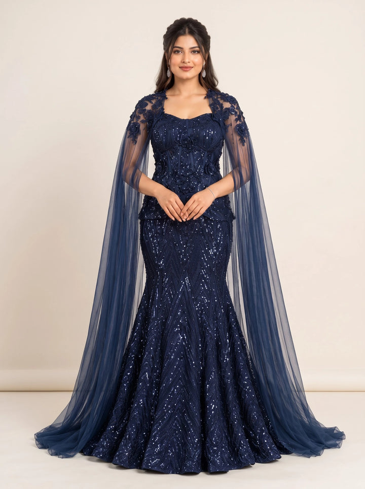 Midnight Navy Blue Sequin Embellished Mermaid Gown with Sheer Cape - Front