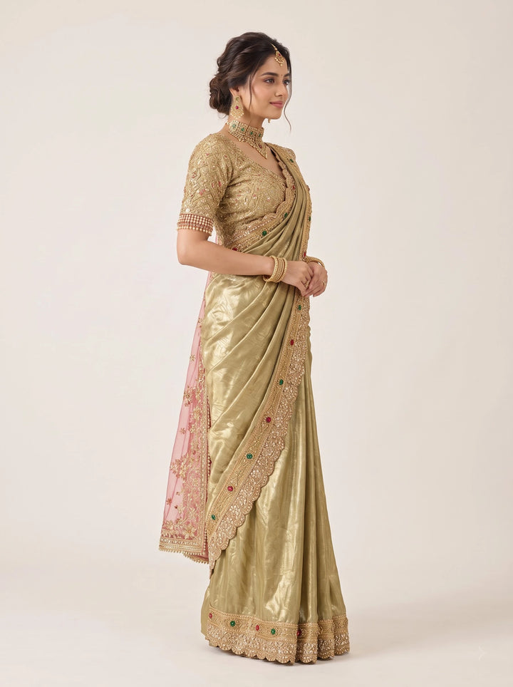 Olive Gold Bridal Silk Saree with Rose Pink Embroidered Drapes - View 3