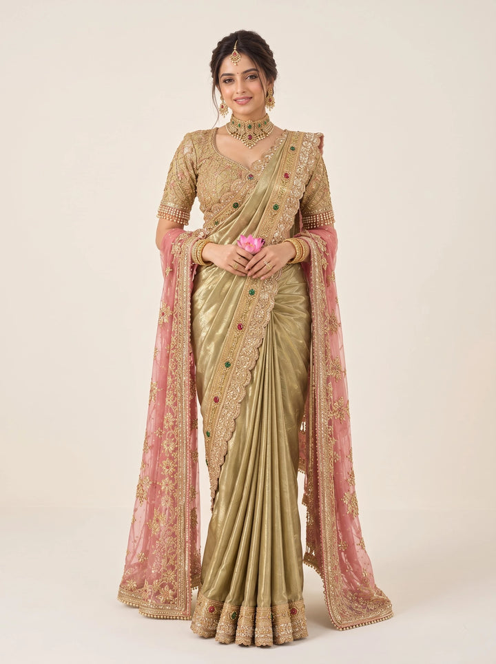 Olive Gold Bridal Silk Saree with Rose Pink Embroidered Drapes - View 4