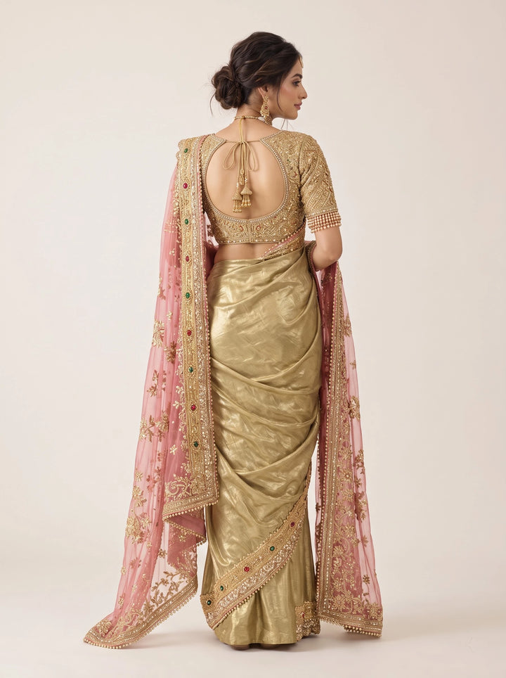 Olive Gold Bridal Silk Saree with Rose Pink Embroidered Drapes - Back