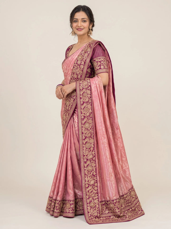Rose Pink & Plum Gold Embroidered Silk Saree - View 3