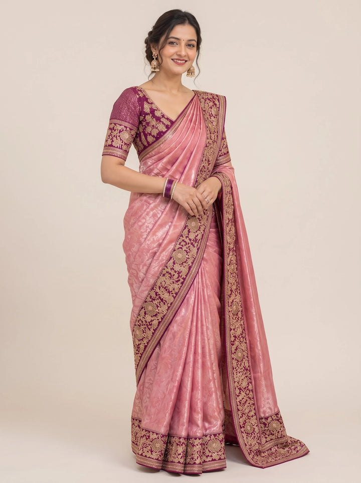 Rose Pink & Plum Gold Embroidered Silk Saree - View 4