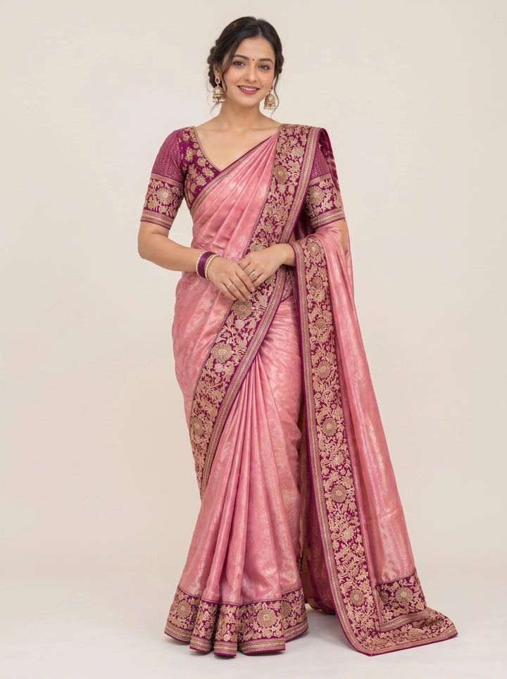 Rose Pink & Plum Gold Embroidered Silk Saree - Front