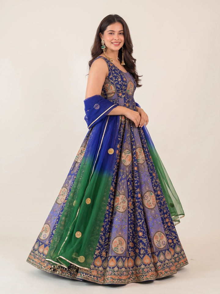 Royal Blue & Emerald Green Embroidered Anarkali Suit Set - View 3