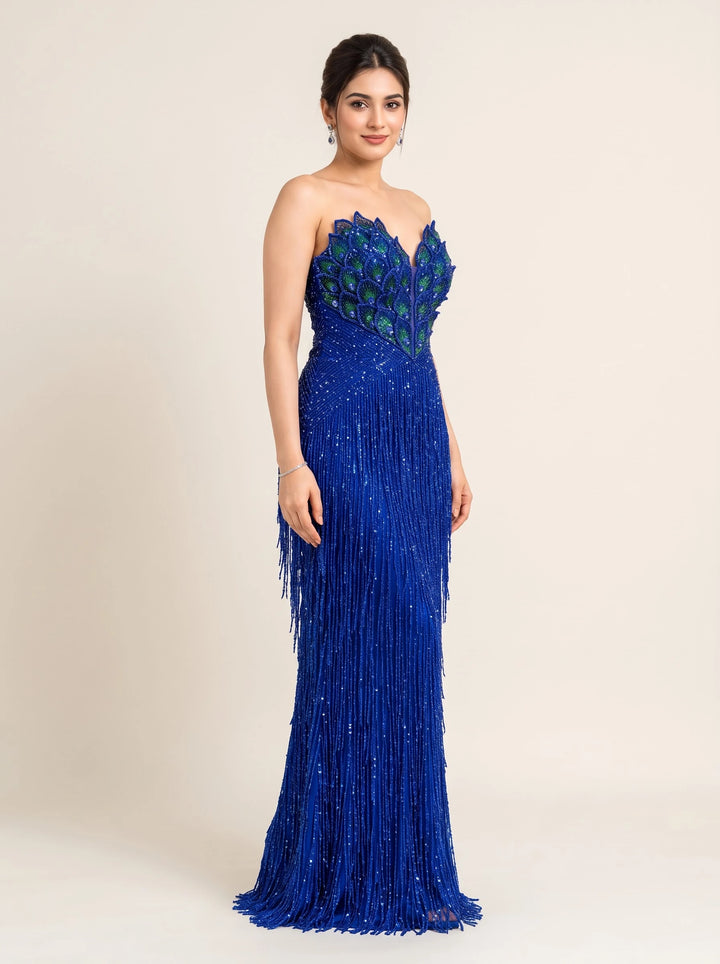 Royal Blue Peacock Embellished Sequin Fringe Mermaid Gown - View 3