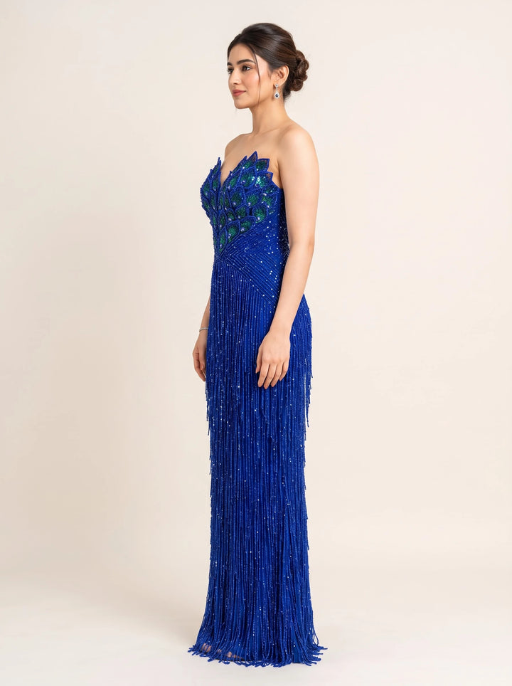 Royal Blue Peacock Embellished Sequin Fringe Mermaid Gown - View 4