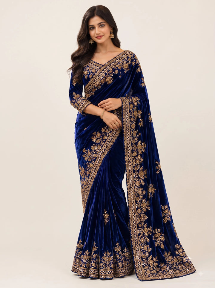 Royal Blue Velvet Saree with Antique Gold Embroidery - Front