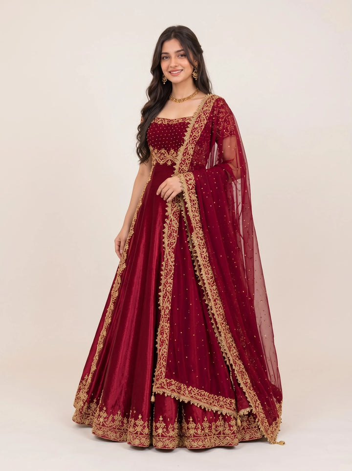 Royal Burgundy Gold-Embroidered Anarkali Gown - View 3