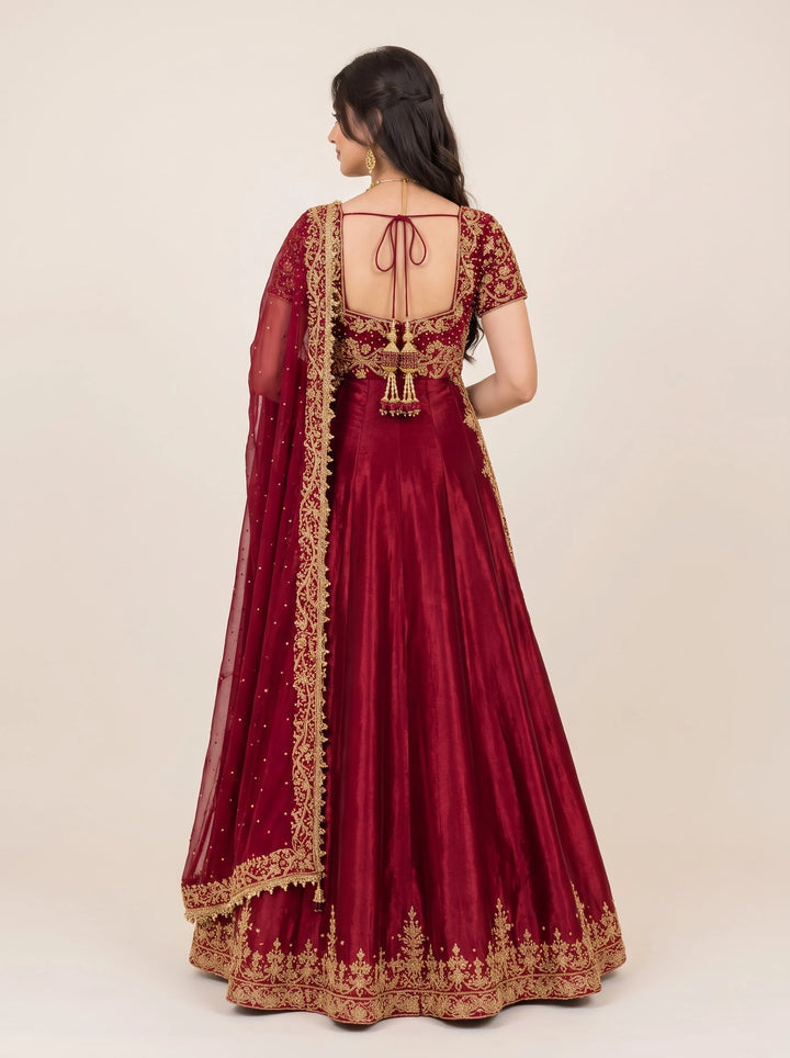 Royal Burgundy Gold-Embroidered Anarkali Gown - Back