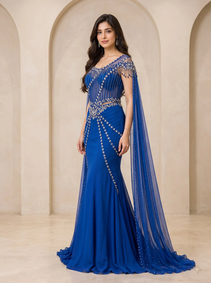 Royal Cobalt Blue Crystal Embellished Mermaid Gown - View 3