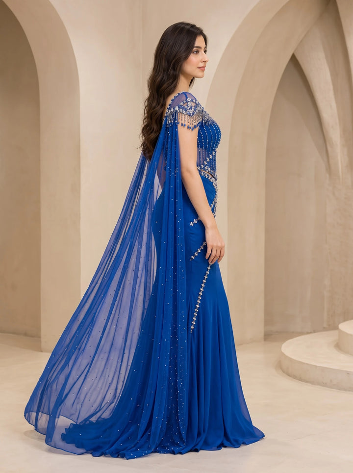 Royal Cobalt Blue Crystal Embellished Mermaid Gown - View 4