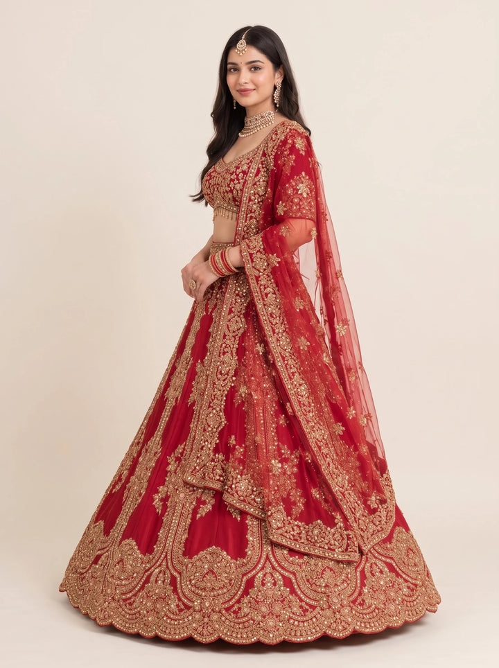 Royal Crimson Gold Embroidered Bridal Lehenga - View 3
