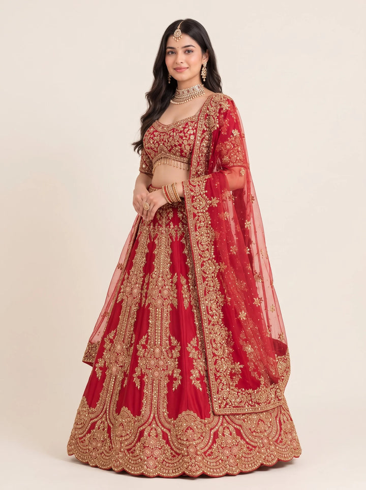 Royal Crimson Gold Embroidered Bridal Lehenga - View 4