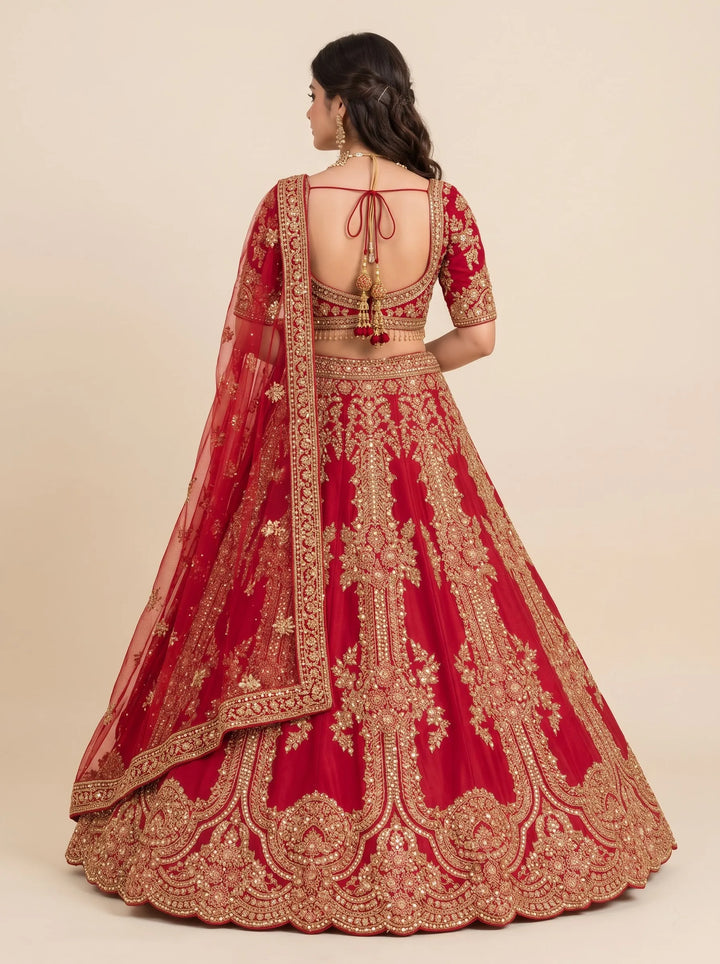Royal Crimson Gold Embroidered Bridal Lehenga - Back