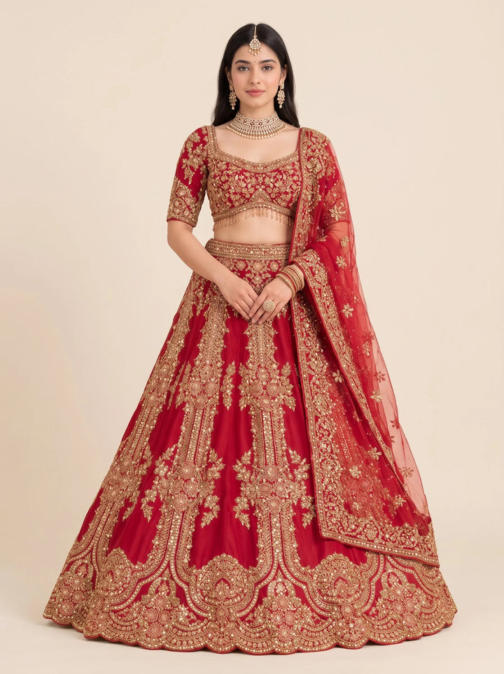 Royal Crimson Gold Embroidered Bridal Lehenga - Front