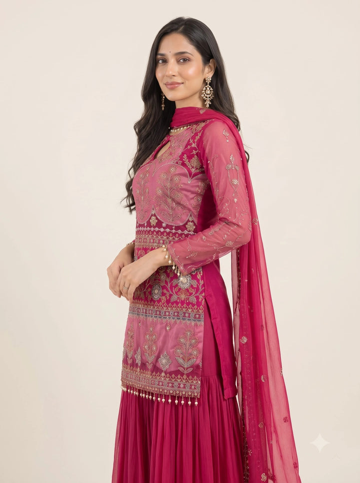 Royal Fuchsia Pink Embroidered Anarkali Suit Set - View 3