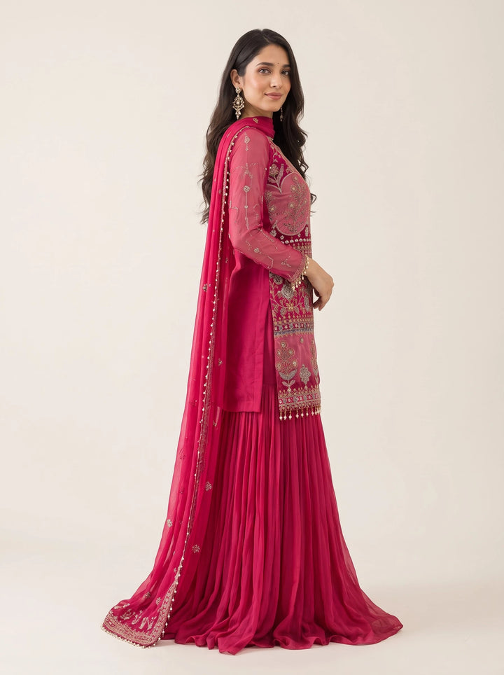 Royal Fuchsia Pink Embroidered Anarkali Suit Set - View 4