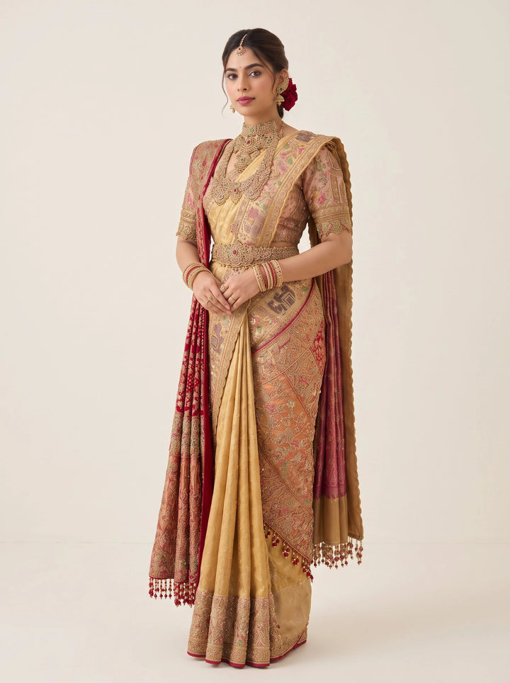 Royal Gold & Blush Pink Embroidered Bridal Saree - View 3