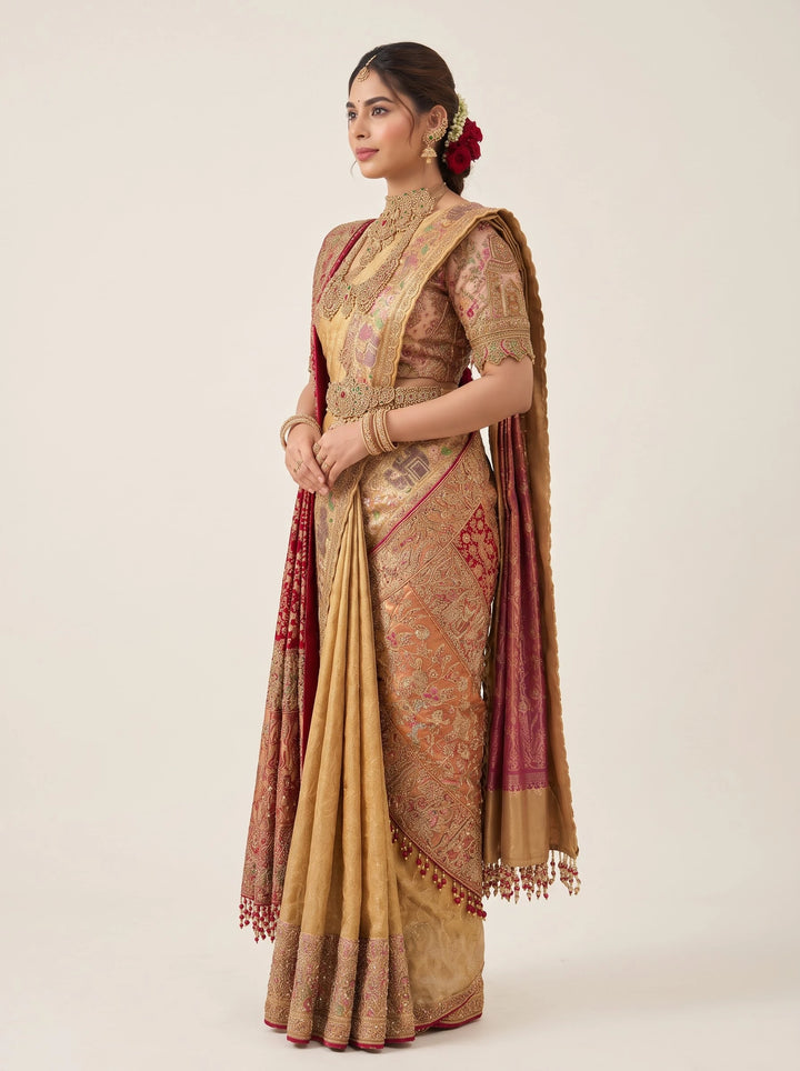 Royal Gold & Blush Pink Embroidered Bridal Saree - View 4