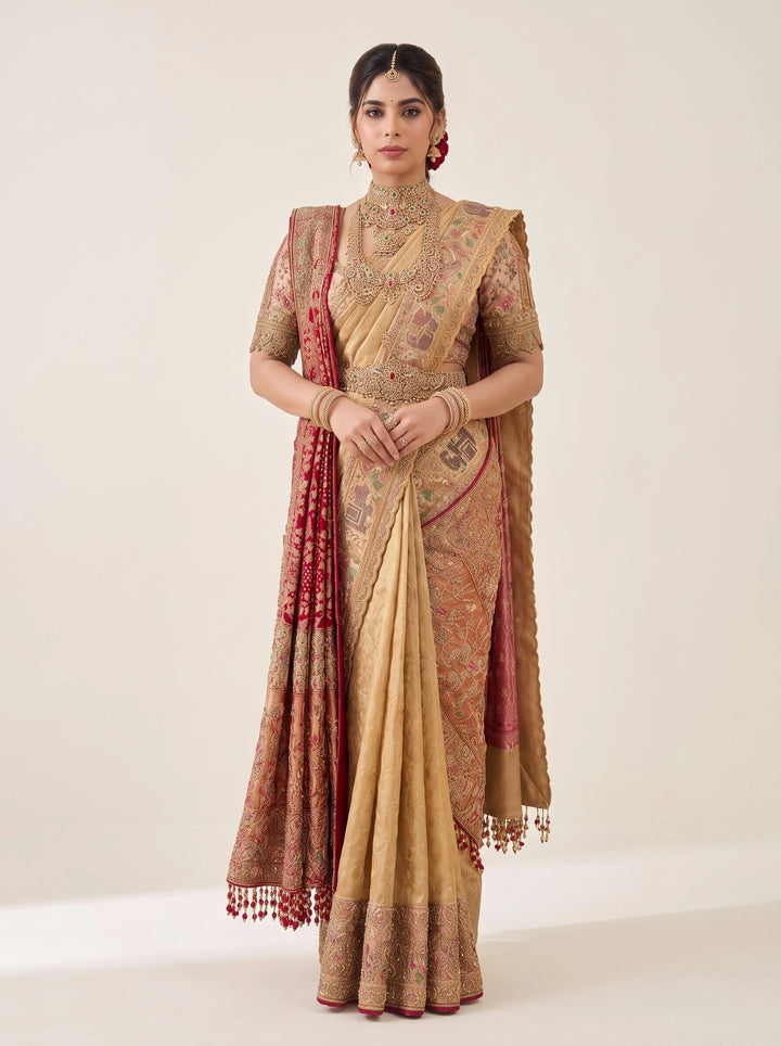Royal Gold & Blush Pink Embroidered Bridal Saree - Front