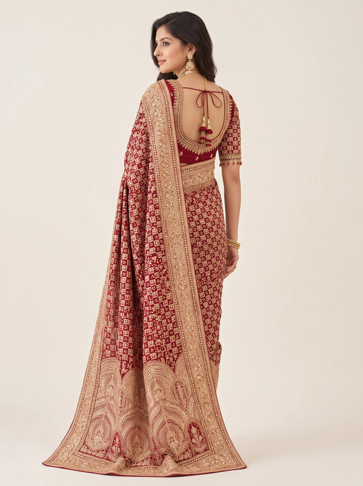 Royal Maroon Gold Zari Embroidered Saree - Back