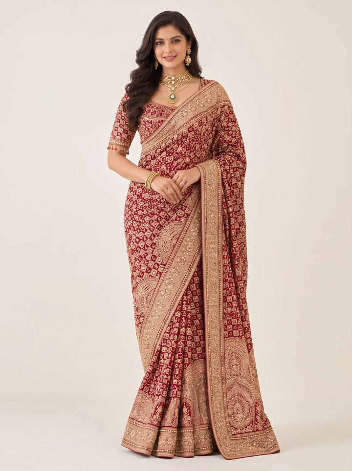 Royal Maroon Gold Zari Embroidered Saree - Front