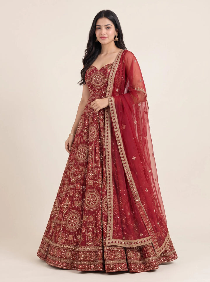 Royal Maroon Medallion Embroidered Designer Lehenga Set - View 4