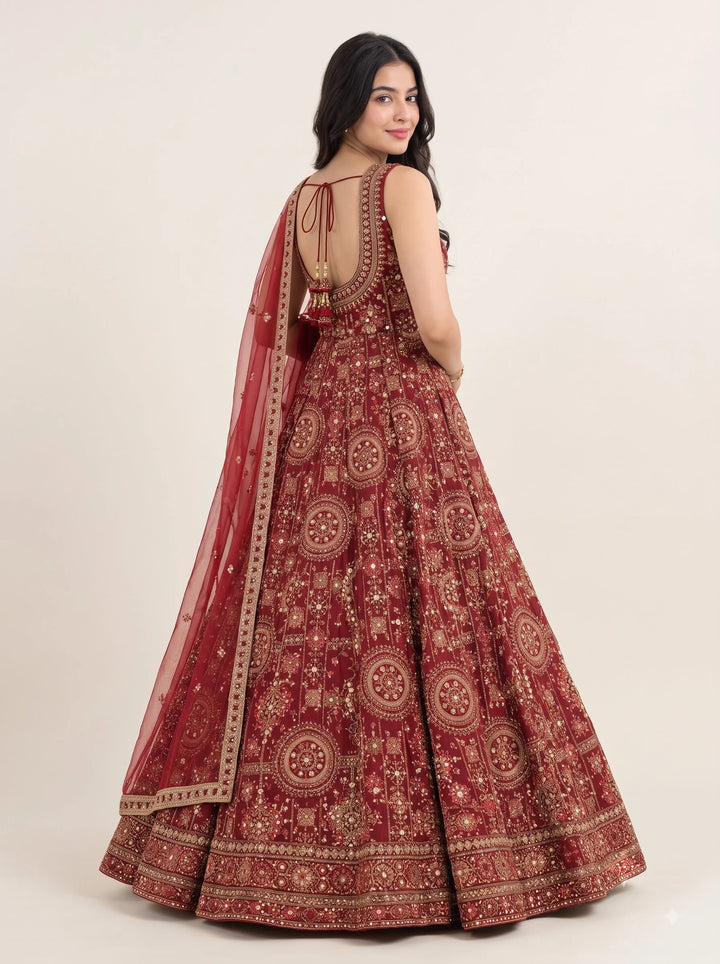 Royal Maroon Medallion Embroidered Designer Lehenga Set - Back