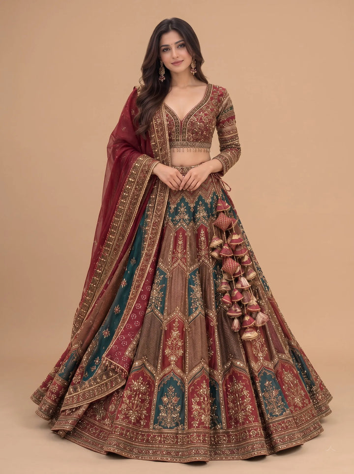 Royal Maroon & Teal Embroidered Designer Lehenga Set - Front