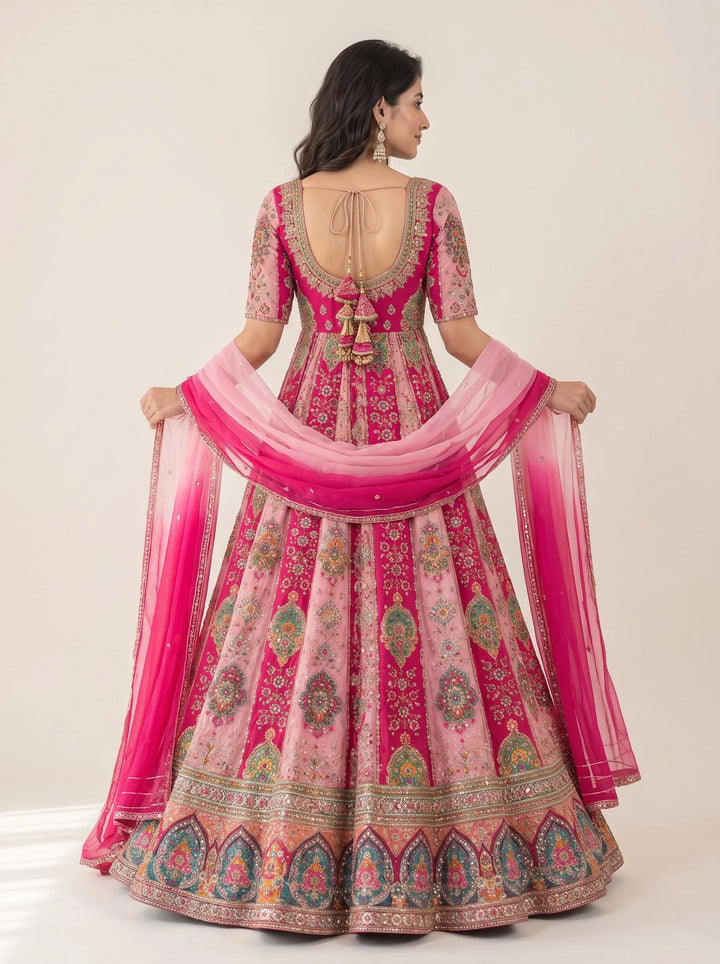 Royal Pink & Magenta Multicolor Embroidered Anarkali Suit Set - View 4