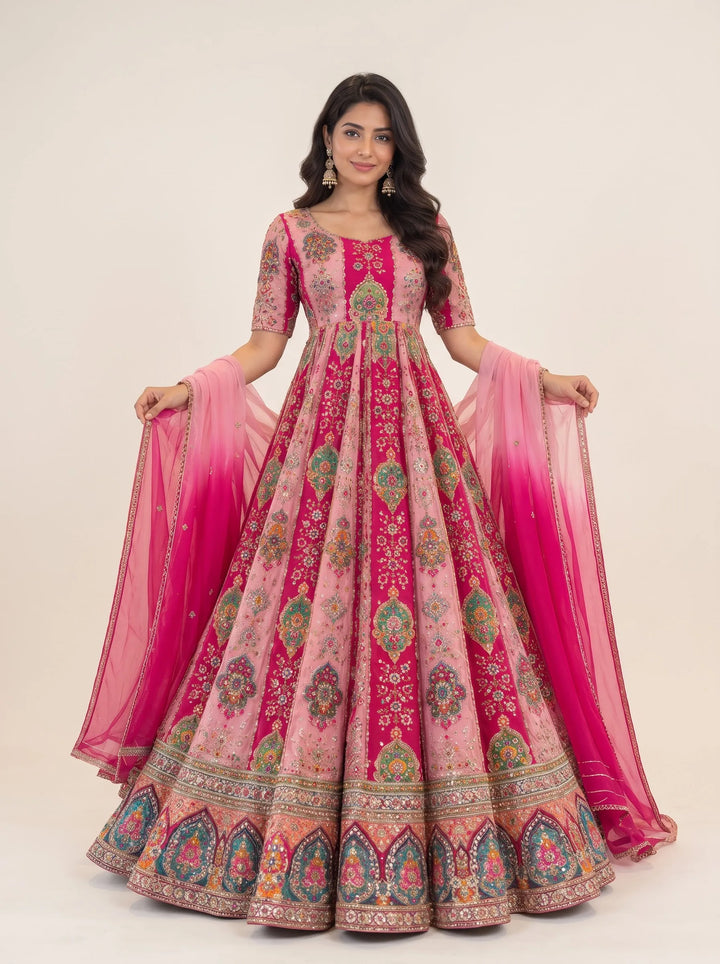 Royal Pink & Magenta Multicolor Embroidered Anarkali Suit Set - View 5