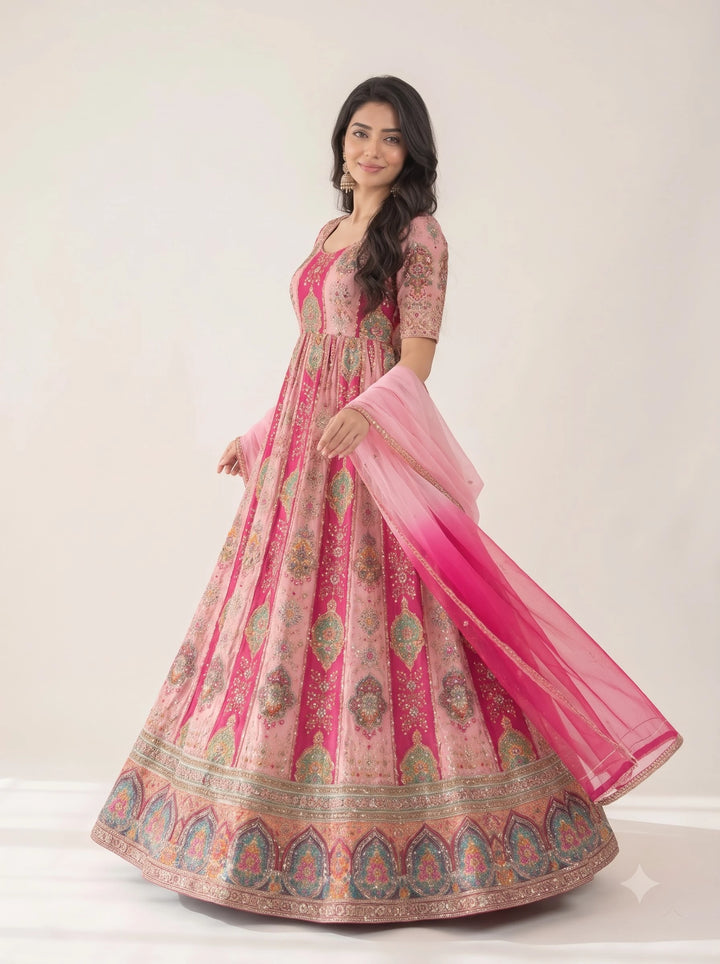 Royal Pink & Magenta Multicolor Embroidered Anarkali Suit Set - View 8
