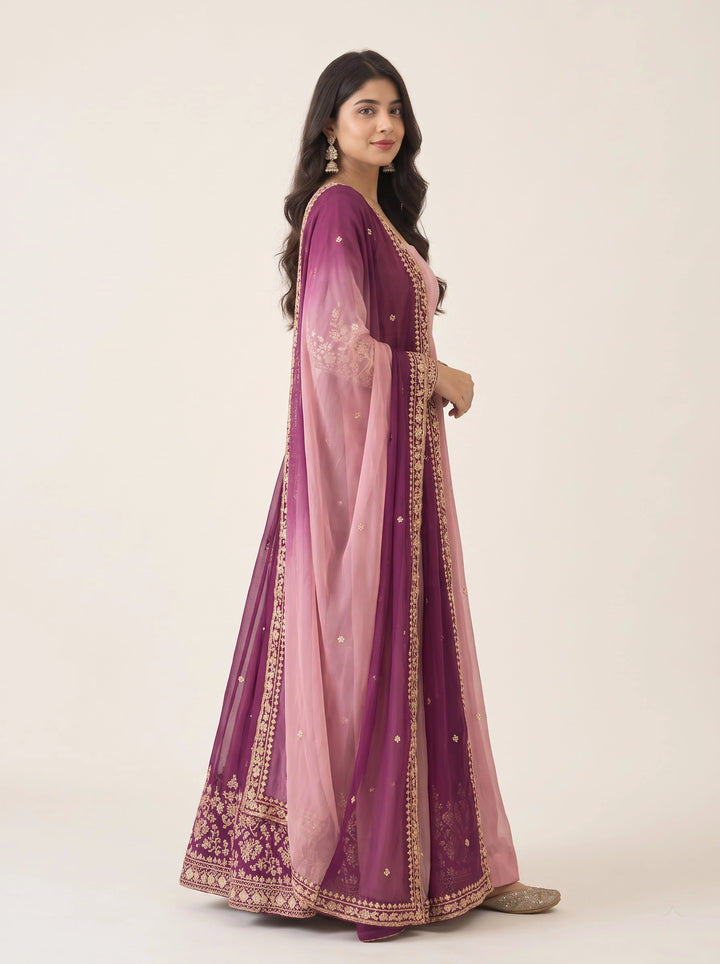 Royal Plum & Blush Pink Embroidered Anarkali Suit Set - View 4