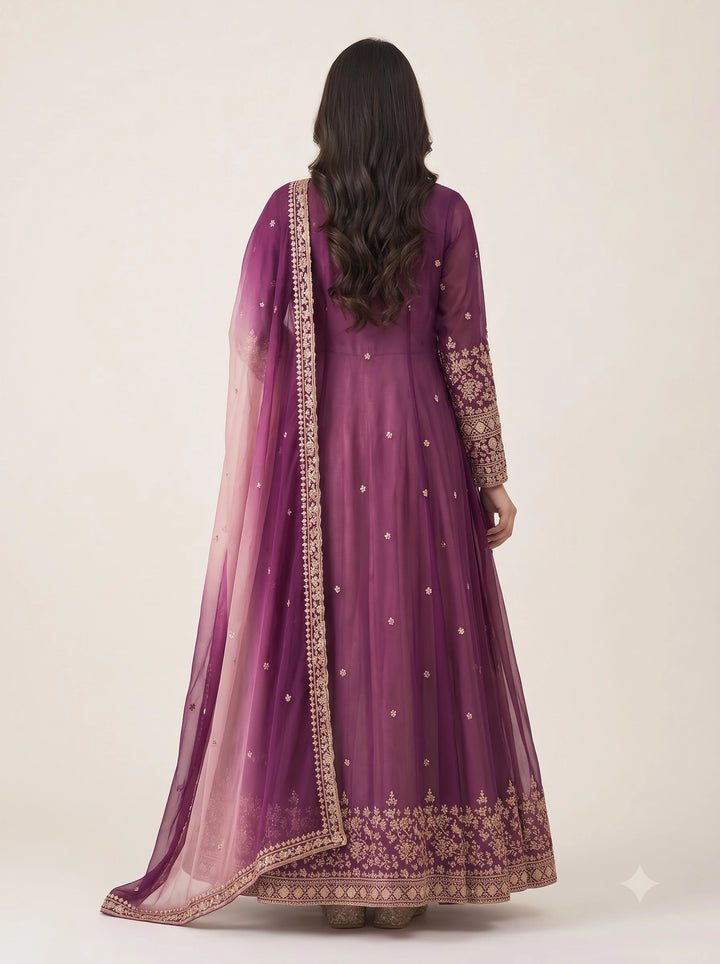 Royal Plum & Blush Pink Embroidered Anarkali Suit Set - Back