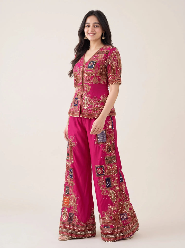 Royal Rani Pink Embroidered Jacket & Palazzo Set - View 3