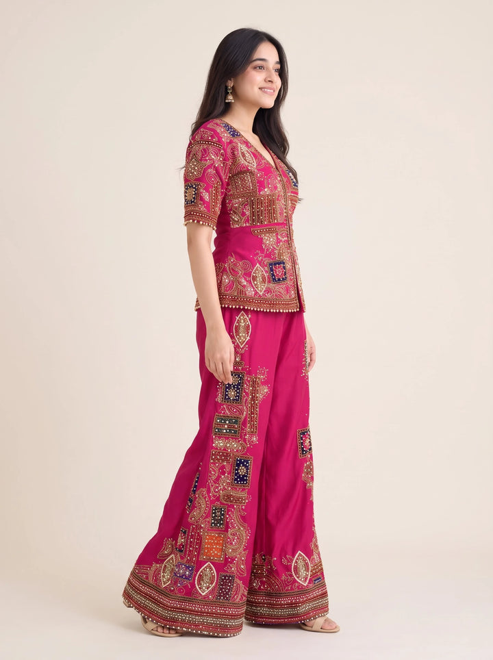 Royal Rani Pink Embroidered Jacket & Palazzo Set - View 4