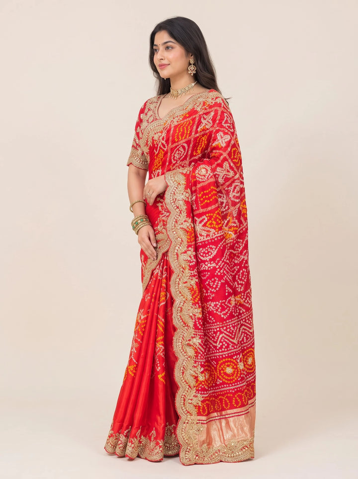 Royal Red Bandhani Embroidered Saree - View 3