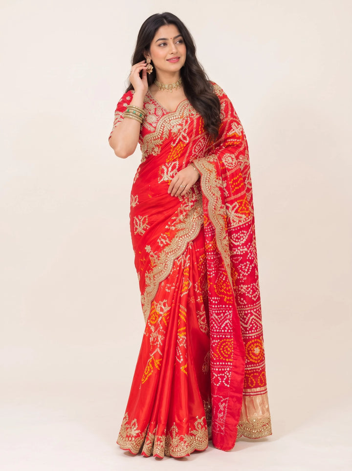 Royal Red Bandhani Embroidered Saree - View 4