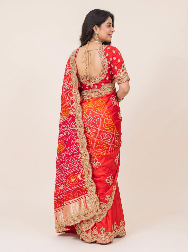 Royal Red Bandhani Embroidered Saree - Back