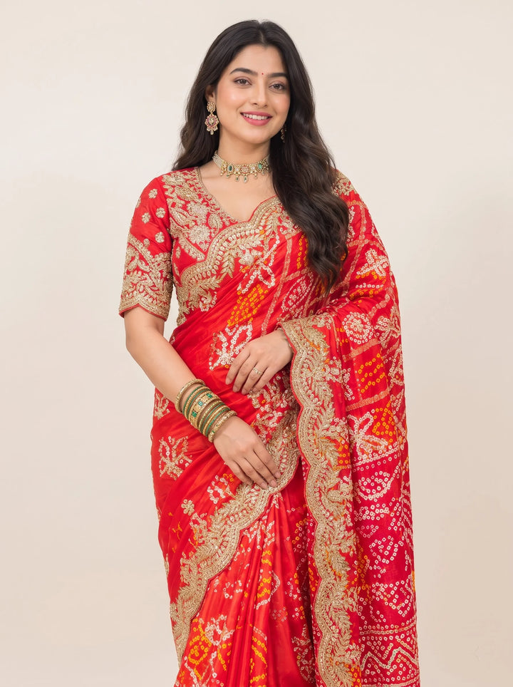 Royal Red Bandhani Embroidered Saree - Front