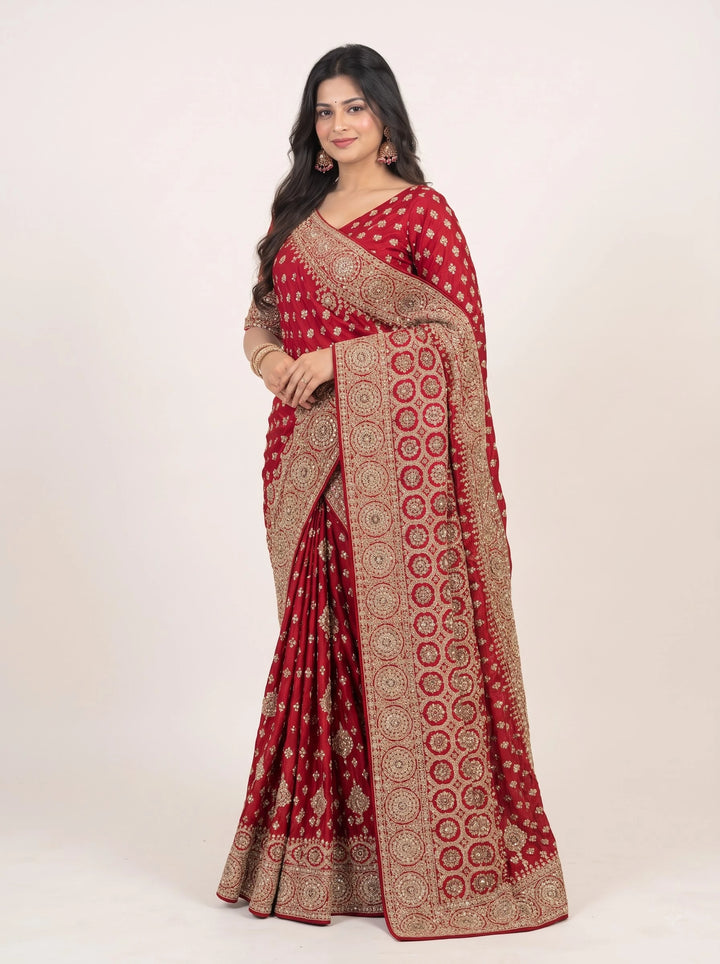 Royal Red Gold Embroidered Bridal Saree - View 3