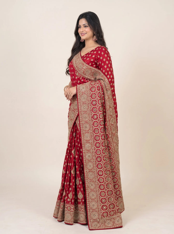 Royal Red Gold Embroidered Bridal Saree - View 4