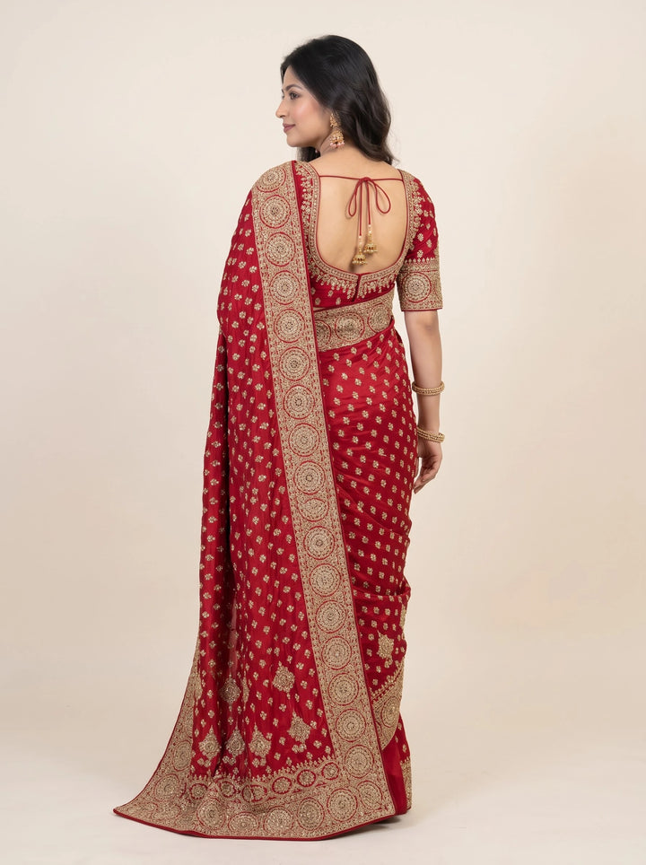 Royal Red Gold Embroidered Bridal Saree - Back