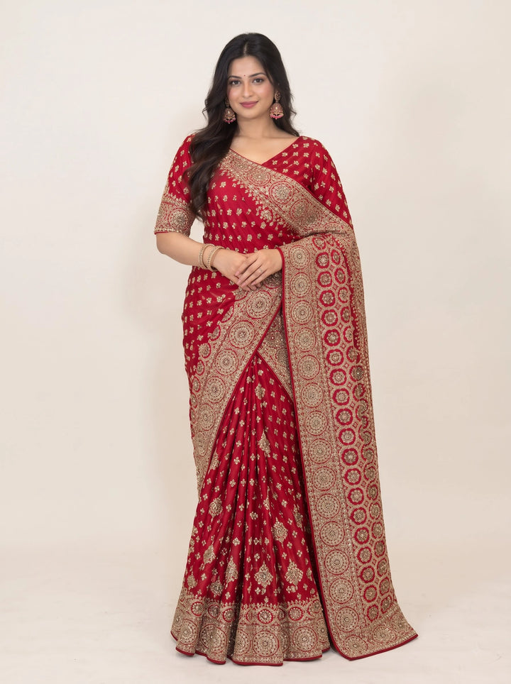 Royal Red Gold Embroidered Bridal Saree - Front